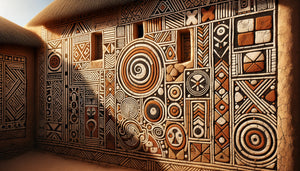 Grenier à mil ouest-africain traditionnel orné de motifs géométriques élaborés peints avec pigments naturels ocre, blanc et noir