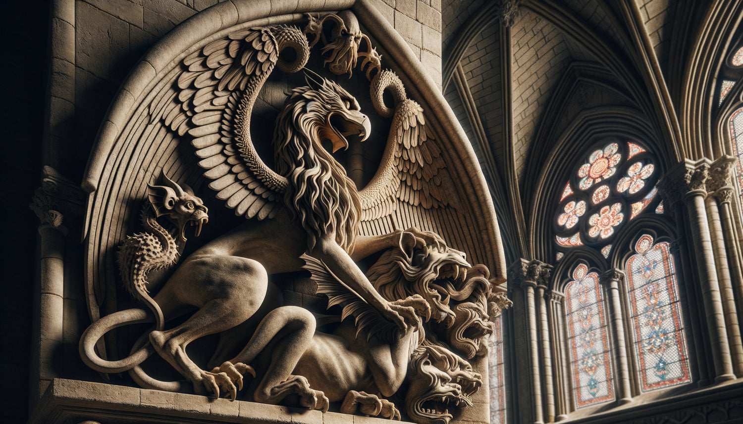 Sculpture médiévale de cathédrale comparant un griffon majestueux et une chimère grotesque, art roman XIIIe siècle