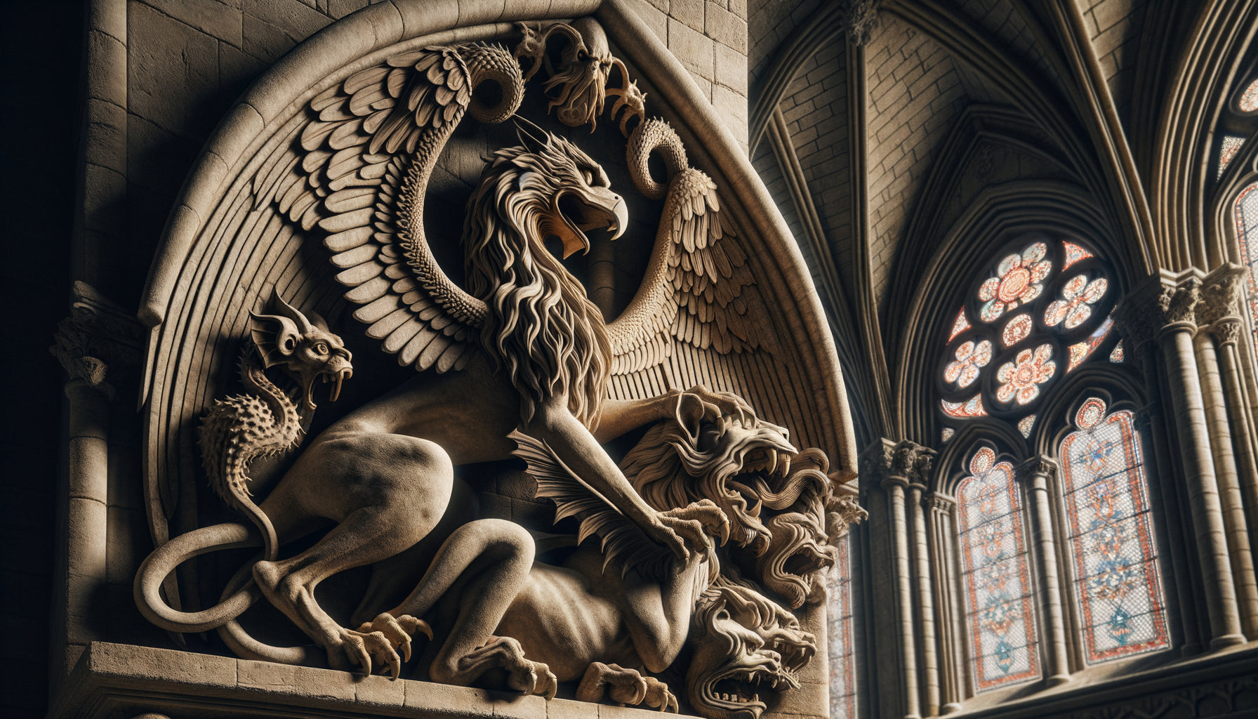Sculpture médiévale de cathédrale comparant un griffon majestueux et une chimère grotesque, art roman XIIIe siècle
