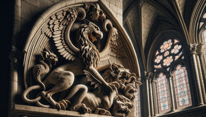 Sculpture médiévale de cathédrale comparant un griffon majestueux et une chimère grotesque, art roman XIIIe siècle