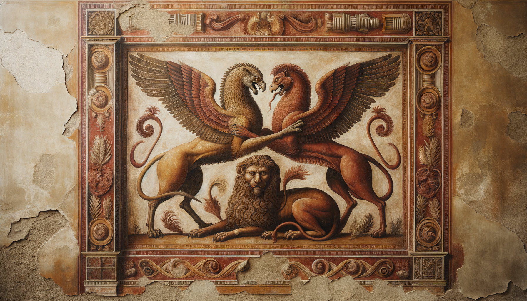 Fresque murale gréco-romaine antique montrant un griffon protecteur et une chimère vaincue, style pompéien authentique