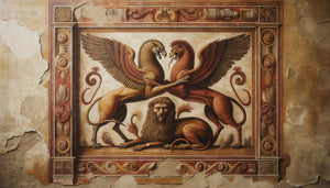 Fresque murale gréco-romaine antique montrant un griffon protecteur et une chimère vaincue, style pompéien authentique