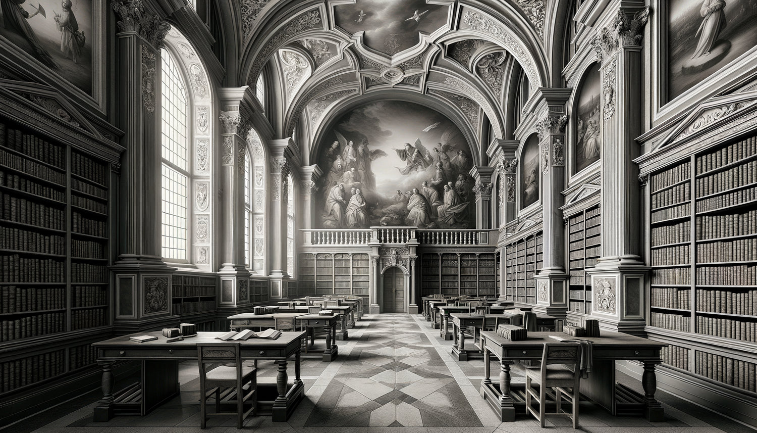 Bibliothèque protestante XVIe-XVIIe siècle avec grisailles murales monochromes, esthétique sobre de la Réforme