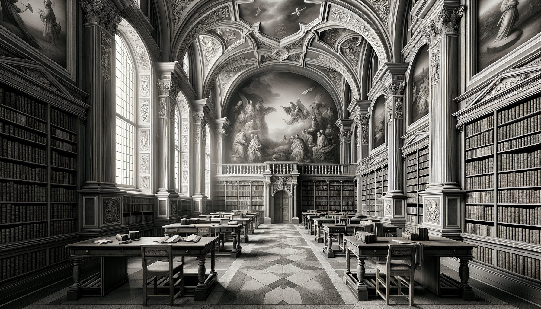 Bibliothèque protestante XVIe-XVIIe siècle avec grisailles murales monochromes, esthétique sobre de la Réforme