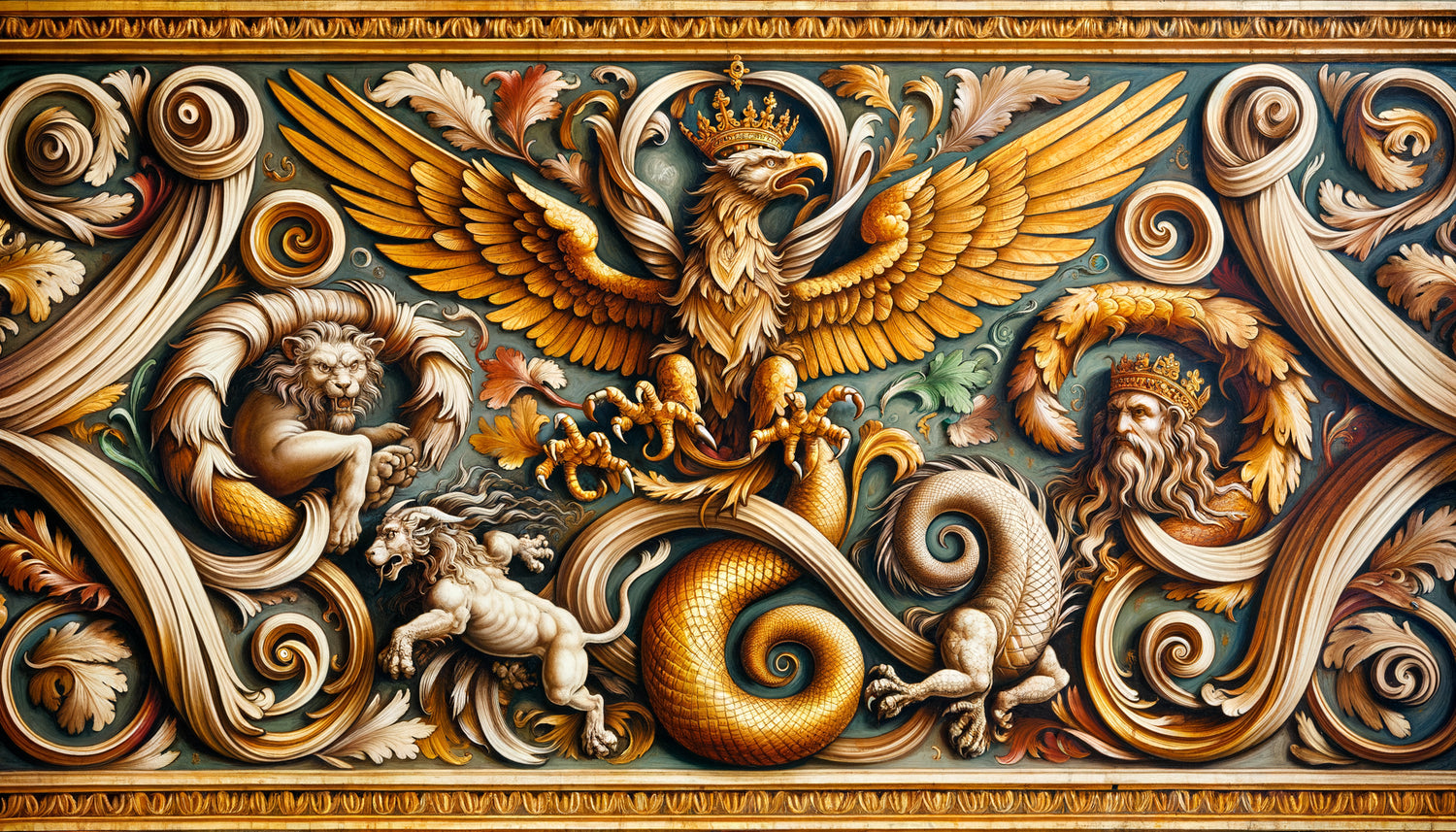 Détail de grotesque Renaissance de la chapelle Sixtine avec bestiaire symbolique : aigle, dragon, lion et sphinx entrelacés dans arabesques dorées