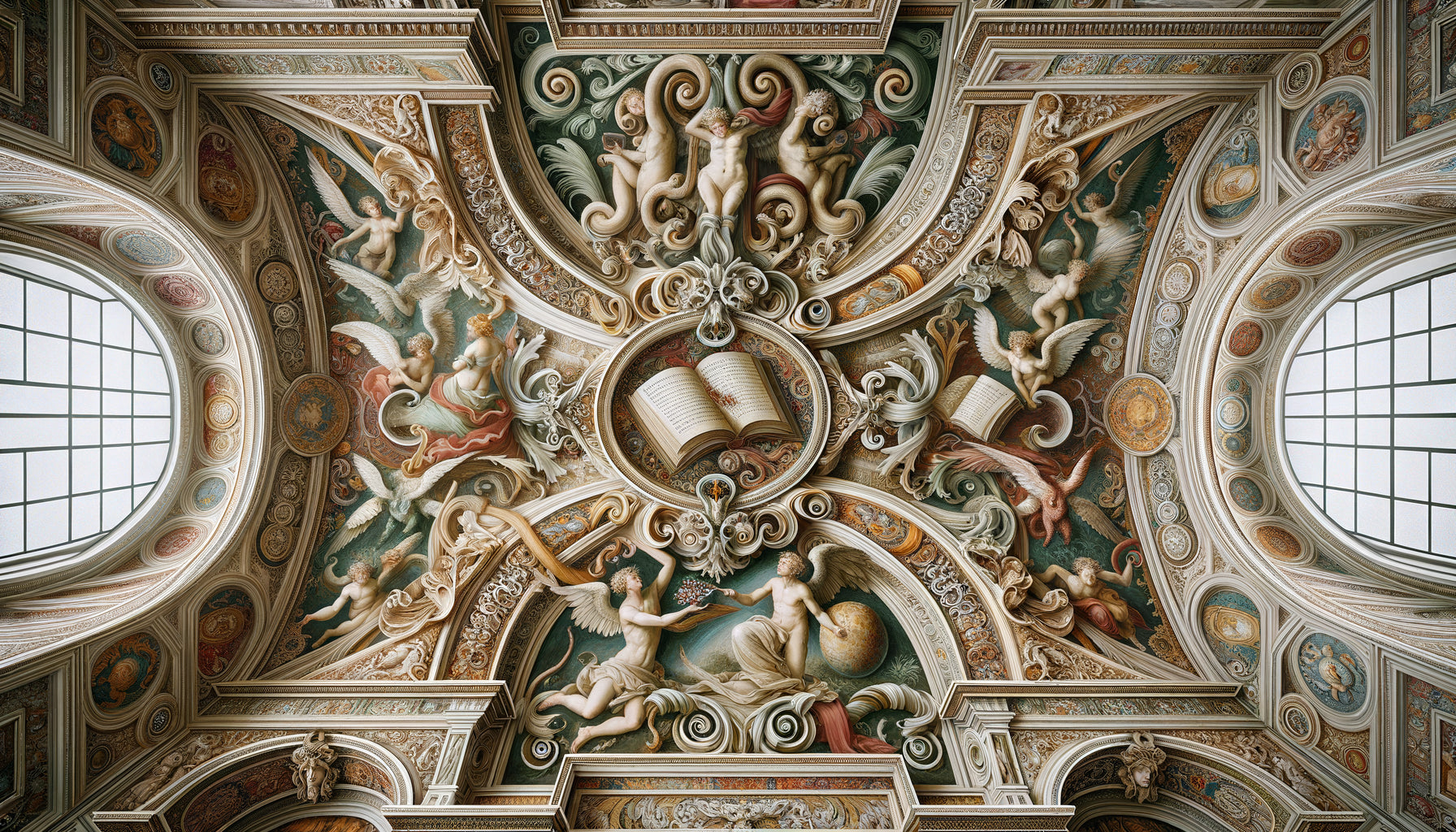 Fresque Renaissance italienne en grotesques avec créatures hybrides, entrelacs végétaux et symbolisme philosophique, bibliothèque 16e siècle