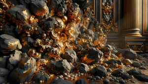 Détail d'une grotte artificielle italienne du XVIIIe siècle avec effets de dorure et mixtion sur roches volcaniques