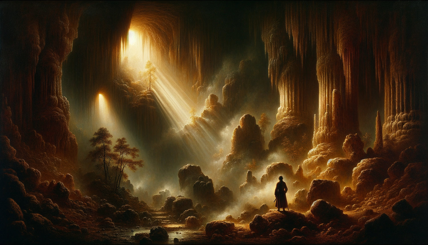 Peinture romantique du 19ème siècle représentant une grotte mystérieuse en clair-obscur dramatique