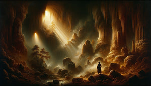 Peinture romantique du 19ème siècle représentant une grotte mystérieuse en clair-obscur dramatique