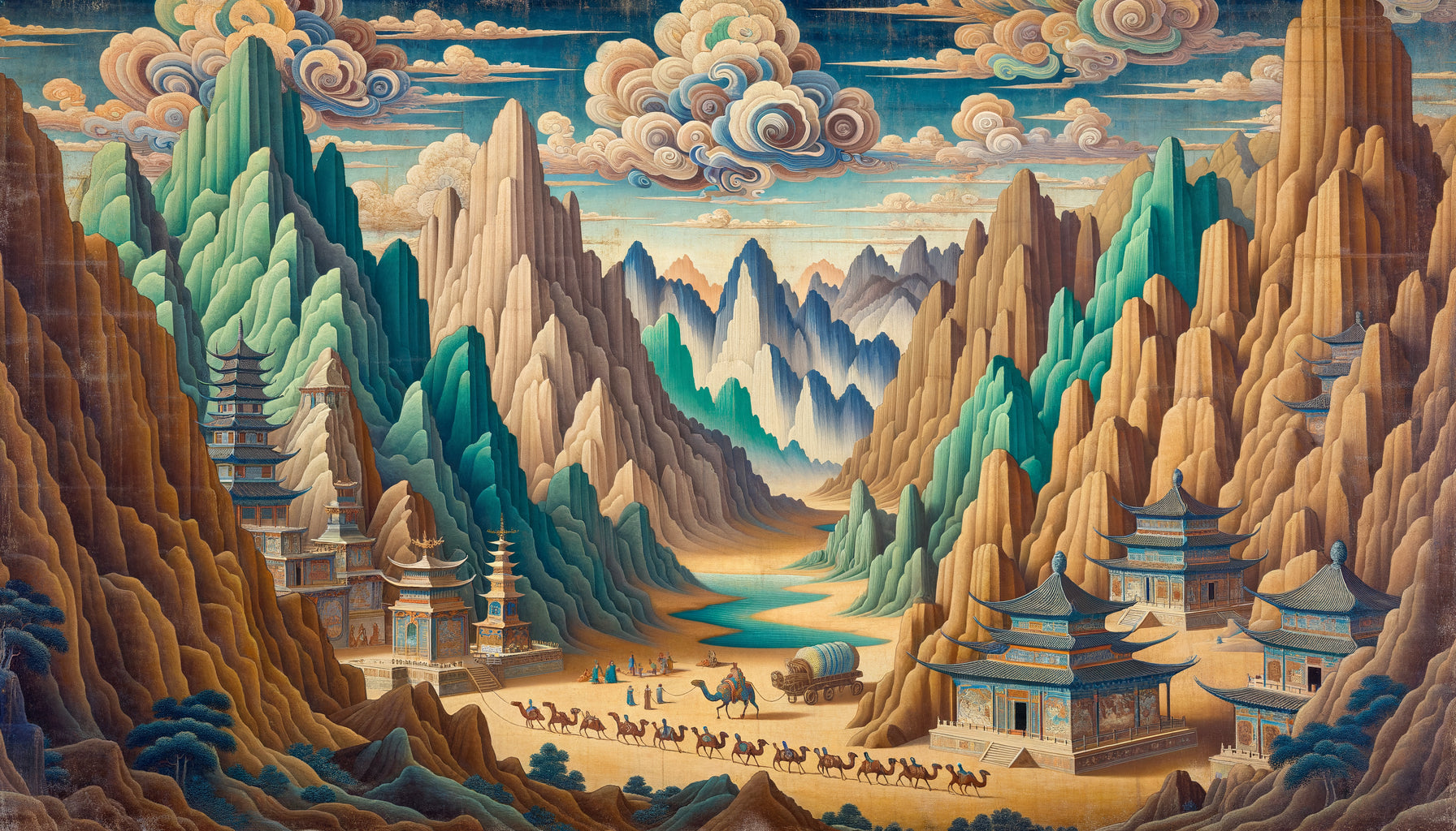 Fresque bouddhique ancienne des grottes de Dunhuang montrant paysages de la Route de la Soie mêlant montagnes réelles et symbolisme spirituel