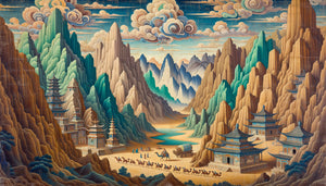 Fresque bouddhique ancienne des grottes de Dunhuang montrant paysages de la Route de la Soie mêlant montagnes réelles et symbolisme spirituel