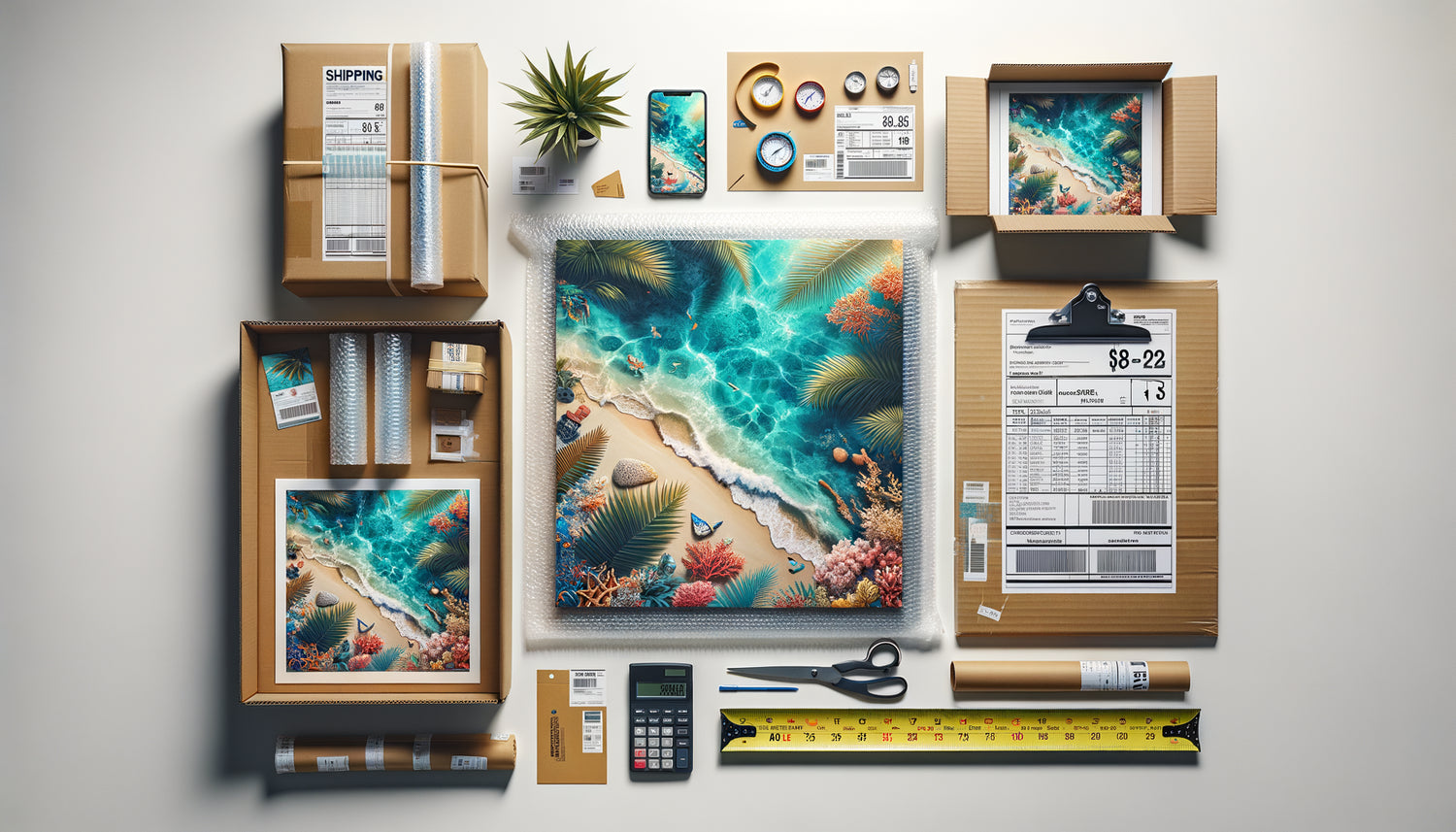 Préparation de commande groupée de tableaux décoratifs tropicaux pour livraison DOM-TOM avec matériel d'emballage