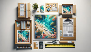 Préparation de commande groupée de tableaux décoratifs tropicaux pour livraison DOM-TOM avec matériel d'emballage