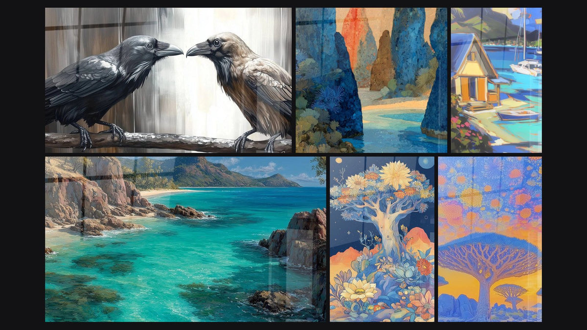 Mosaik aus sechs Gemälden, darunter Rabenkrähe Geheime Vertraulichkeiten, Tropische Küste Türkis und Tropische Landschaft