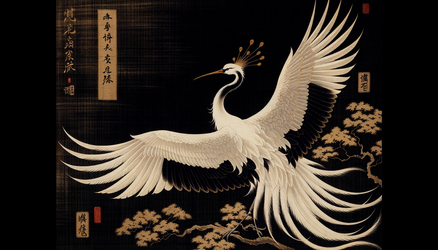 Peinture japonaise traditionnelle période samouraï : grue blanche majestueuse aux ailes déployées sur fond noir profond, symbolisant immortalité et pureté morale