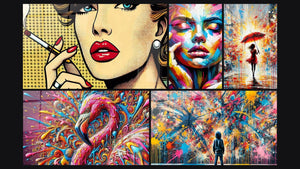 Mosaïque de cinq tableaux, dont Fumée Pop, Flambée du Flamant et Éclats de Peinture