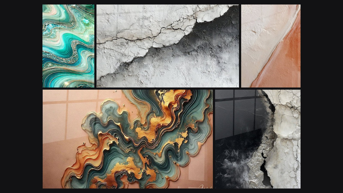 Mosaico di cinque quadri, tra cui Onde Cristalline, Onda Ramata e Texture Murale Incrinata Bianco e Grigio