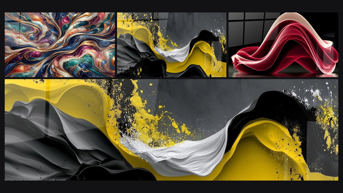 Mosaico de cuatro cuadros, entre ellos Cosmos Encantado y Olas fluidas amarillas y negras