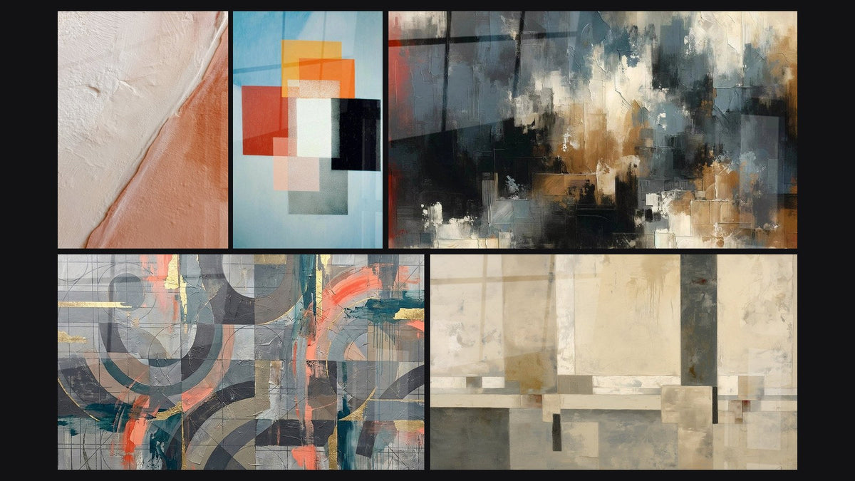 Mosaico de cinco cuadros, entre ellos Formas Geométricas Contraste Funcional y Círculos grises y coral entrelazados
