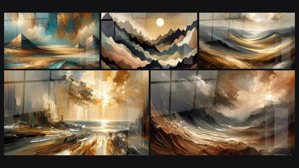 Mosaico de cinco cuadros, entre ellos Reflejos de Oro Egipcio, Reverberaciones Luminosas y Rayos Sobre Los Reliefs