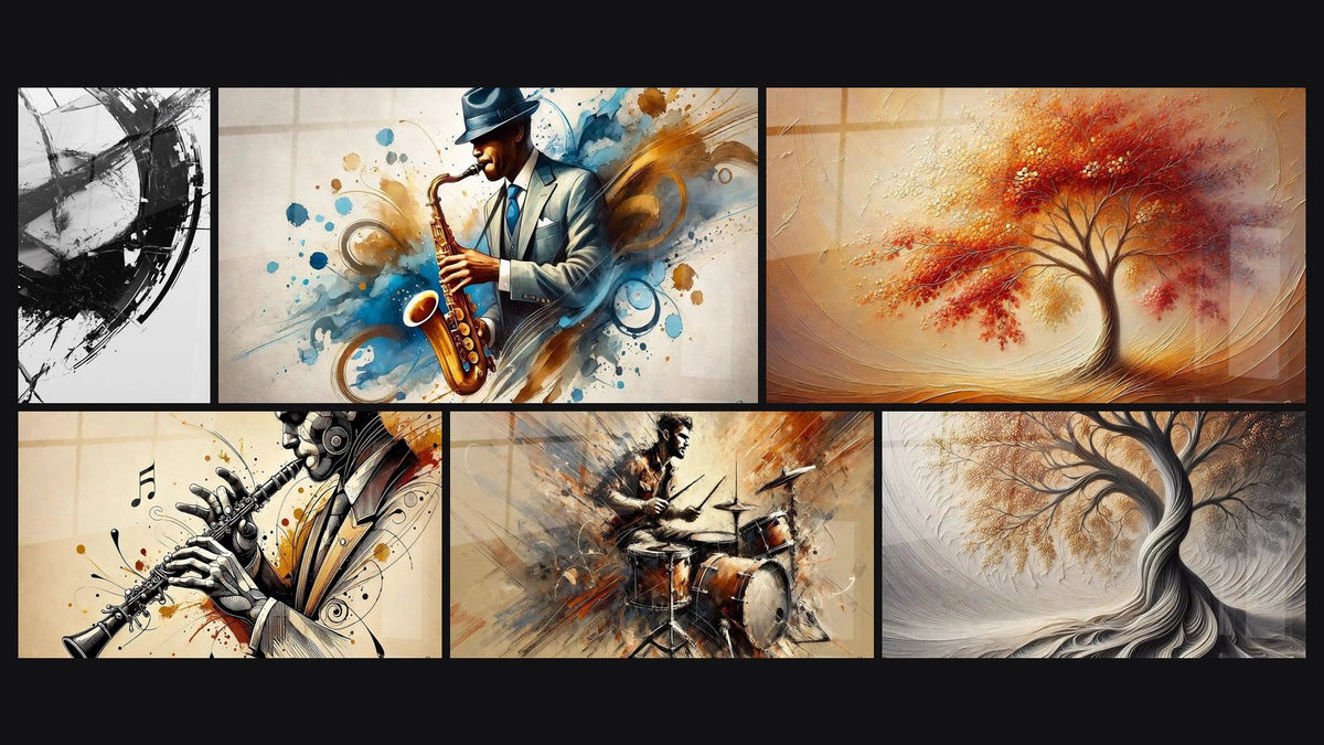 Mosaico di sei quadri, tra cui La Frattura del Tempo, Clarinetto N°1 e Batteria N°2