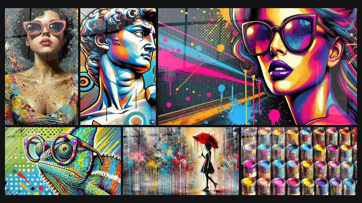 Mosaico di sei quadri, tra cui Rinascimento Pop, Camaleonte Pop Art e Sotto la pioggia cromatica