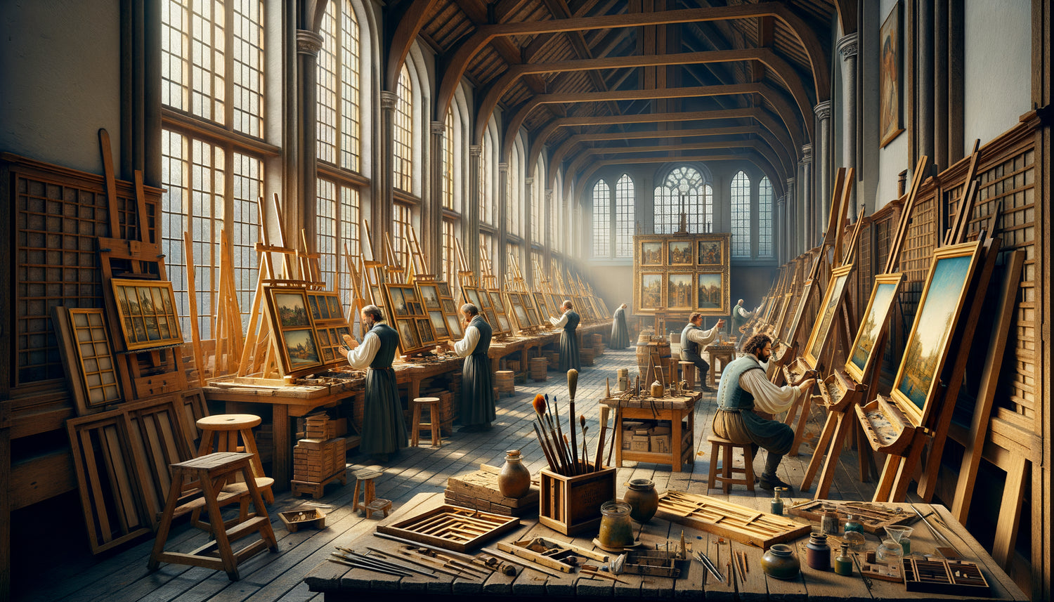 Atelier de guilde flamande du XVIe siècle avec artisans préparant des panneaux de paysages aux formats standardisés