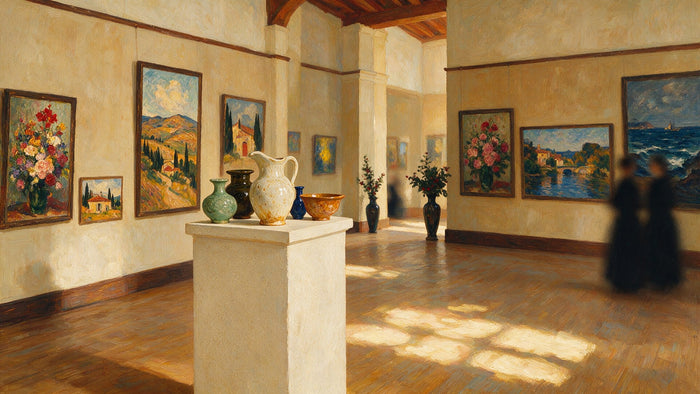 Une salle de musée aux murs garnis de paysages et de natures mortes colorés, avec des céramiques émaillées sur un socle.