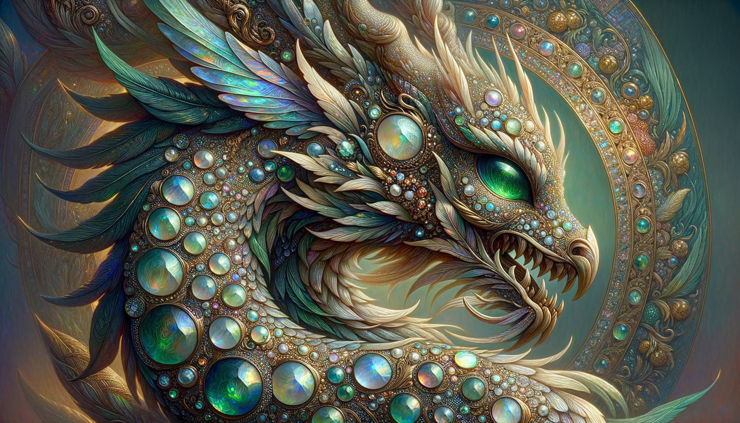 Créature fantastique symboliste de Gustave Moreau aux écailles opalescentes irisées et lumière intérieure mystérieuse, technique de glacis