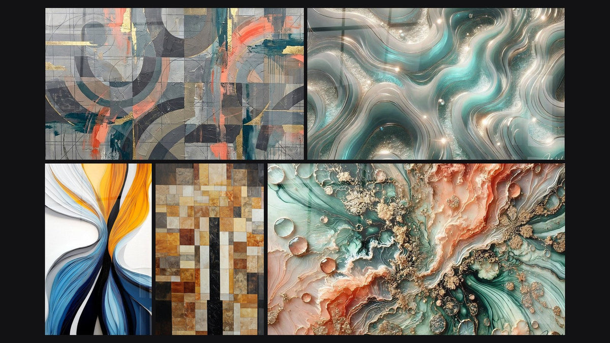 Mosaico di cinque quadri, tra cui Cerchi grigi e corallo intrecciati, Flux dinamici colorati di e Onde Scintillanti