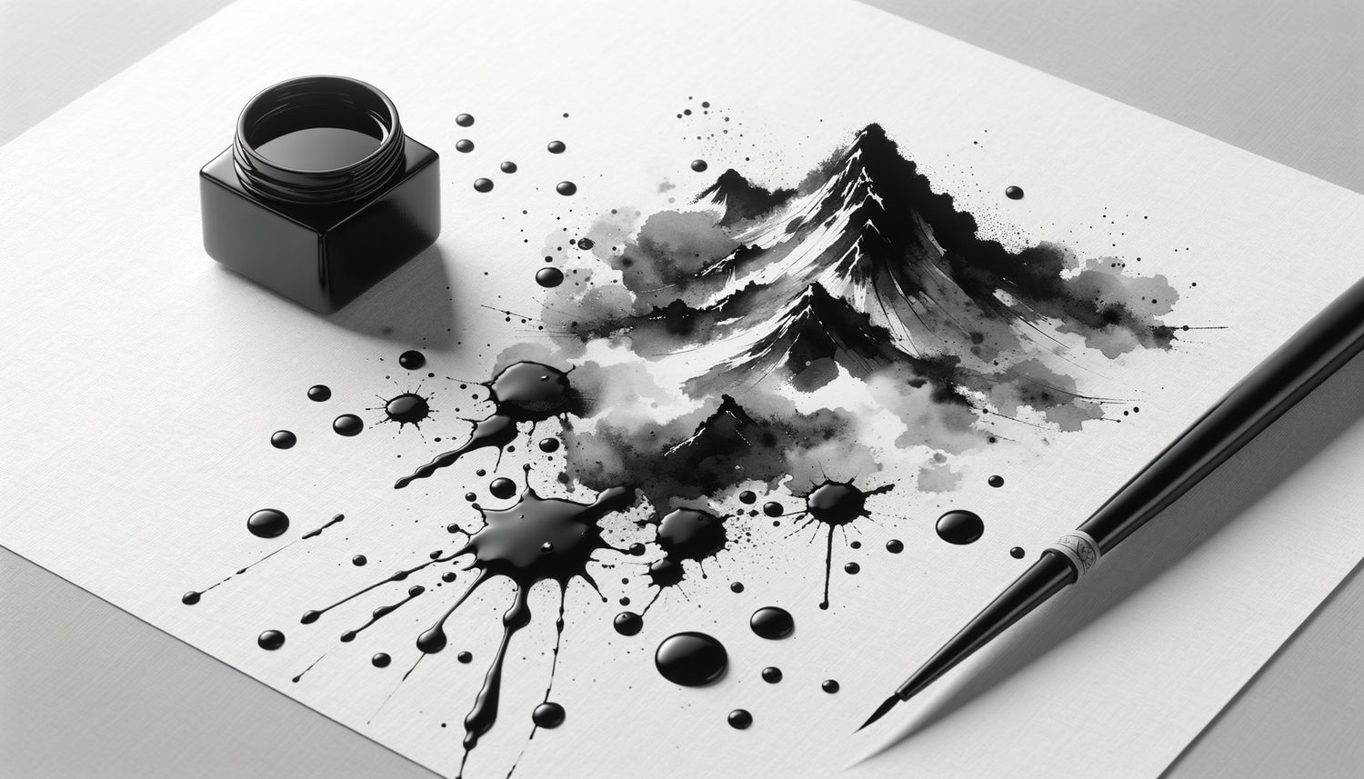 Technique haboku traditionnelle japonaise avec éclaboussures d'encre noire sur papier washi, esthétique zen minimaliste