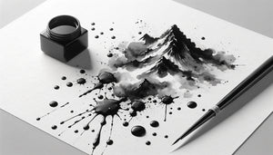 Technique haboku traditionnelle japonaise avec éclaboussures d'encre noire sur papier washi, esthétique zen minimaliste