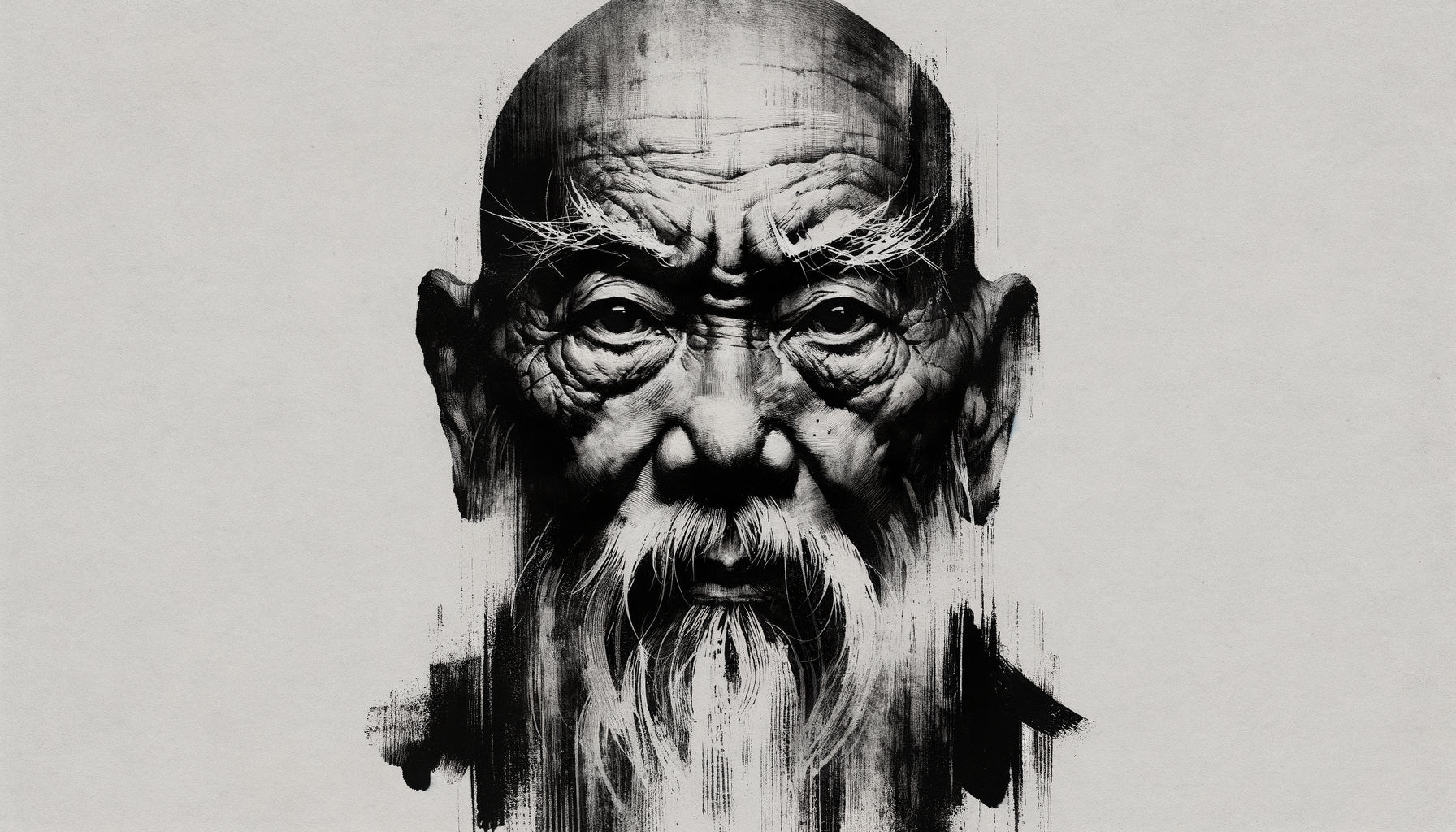Portrait minimaliste de Bodhidharma à l'encre noire style Hakuin Ekaku, période Edo, traits puissants sur papier washi