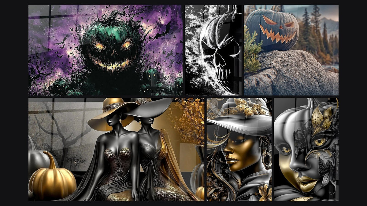 Mosaico de seis cuadros, entre ellos Calabaza Señor de las Tinieblas Púrpura y Calavera Vapores del Más Allá