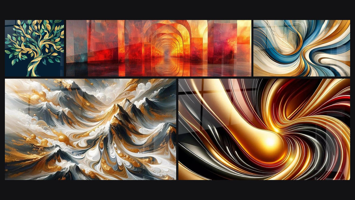 Mosaic of five paintings, including Tree Dance of the Seasons, Golden Crests and Secret Dimension Amber