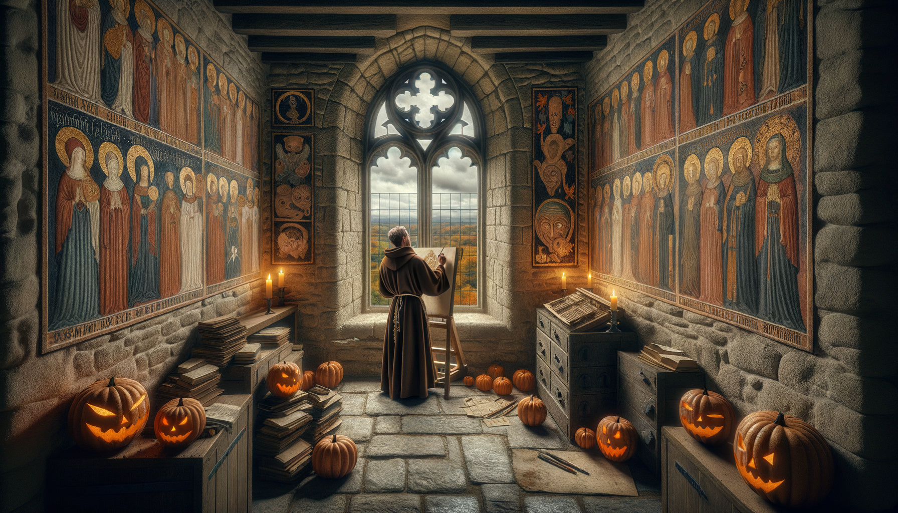 Intérieur médiéval montrant fresques religieuses murales, ignorant symboles d'Halloween censurés, illustrant répression artistique pré-XXe siècle
