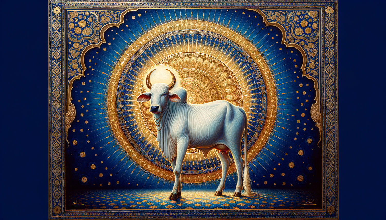 Peinture indienne traditionnelle d'une vache sacrée entourée d'un halo doré lumineux aux pigments métalliques