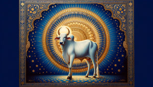 Peinture indienne traditionnelle d'une vache sacrée entourée d'un halo doré lumineux aux pigments métalliques