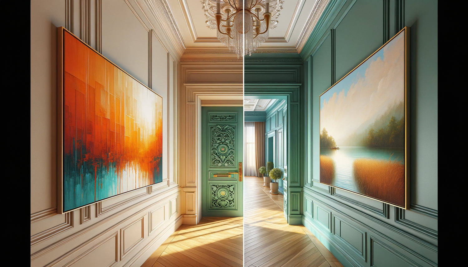 Couloir résidentiel montrant le contraste entre tableau aux couleurs disharmonieuses avec porte adjacente et agencement chromatique harmonieux