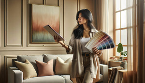 Femme comparant des nuanciers de couleurs avec un tableau abstrait dans un salon moderne pour vérifier l'harmonie chromatique