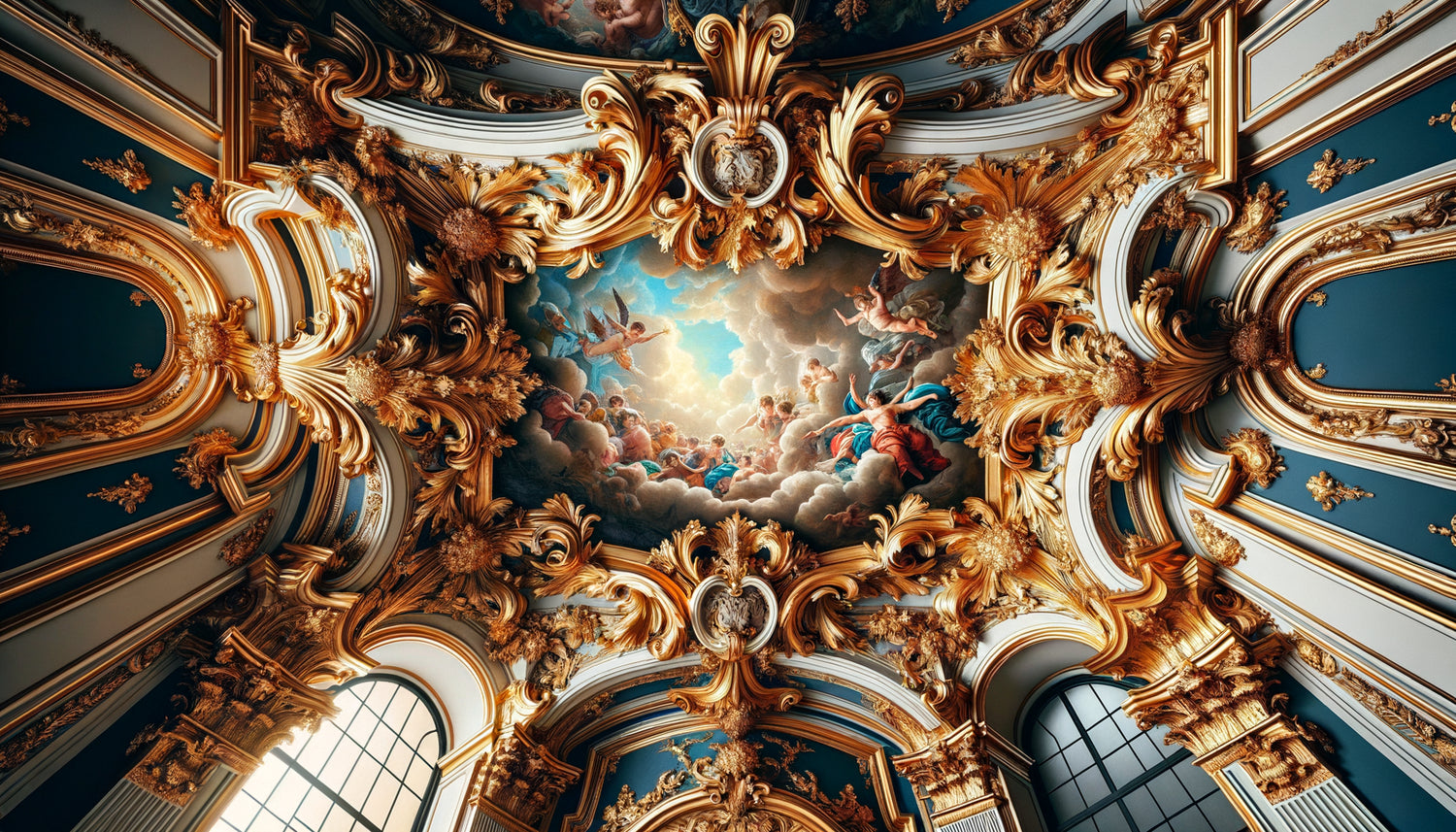 Détail architectural baroque authentique montrant l'harmonie entre dorures excessives sculptées et peinture de fresque, 17ème-18ème siècle