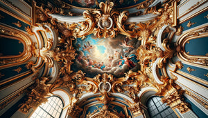 Détail architectural baroque authentique montrant l'harmonie entre dorures excessives sculptées et peinture de fresque, 17ème-18ème siècle