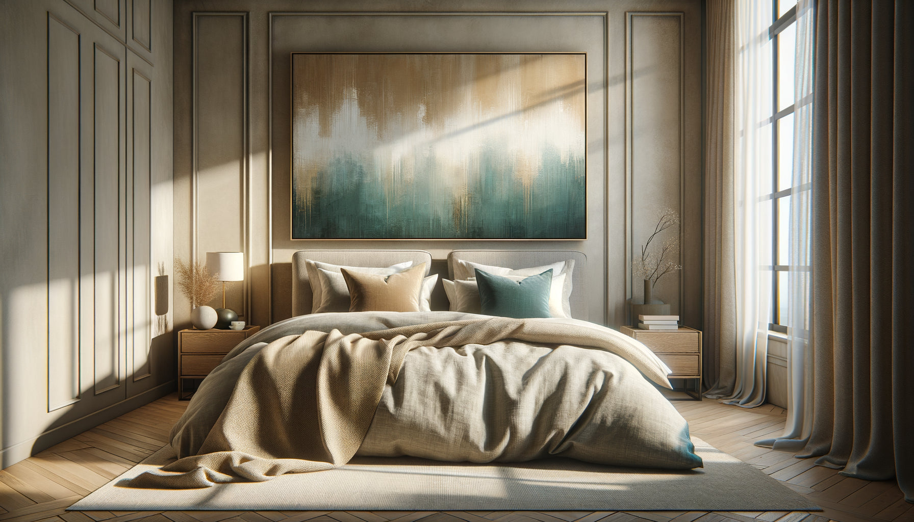 Chambre contemporaine harmonieuse avec tableau abstrait coordonné aux tons de la literie et textiles beige et bleu