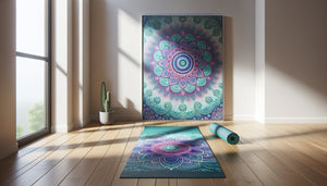 Espace de yoga contemporain avec tapis coloré violet et turquoise harmonisé avec tableau abstrait mural aux teintes complémentaires