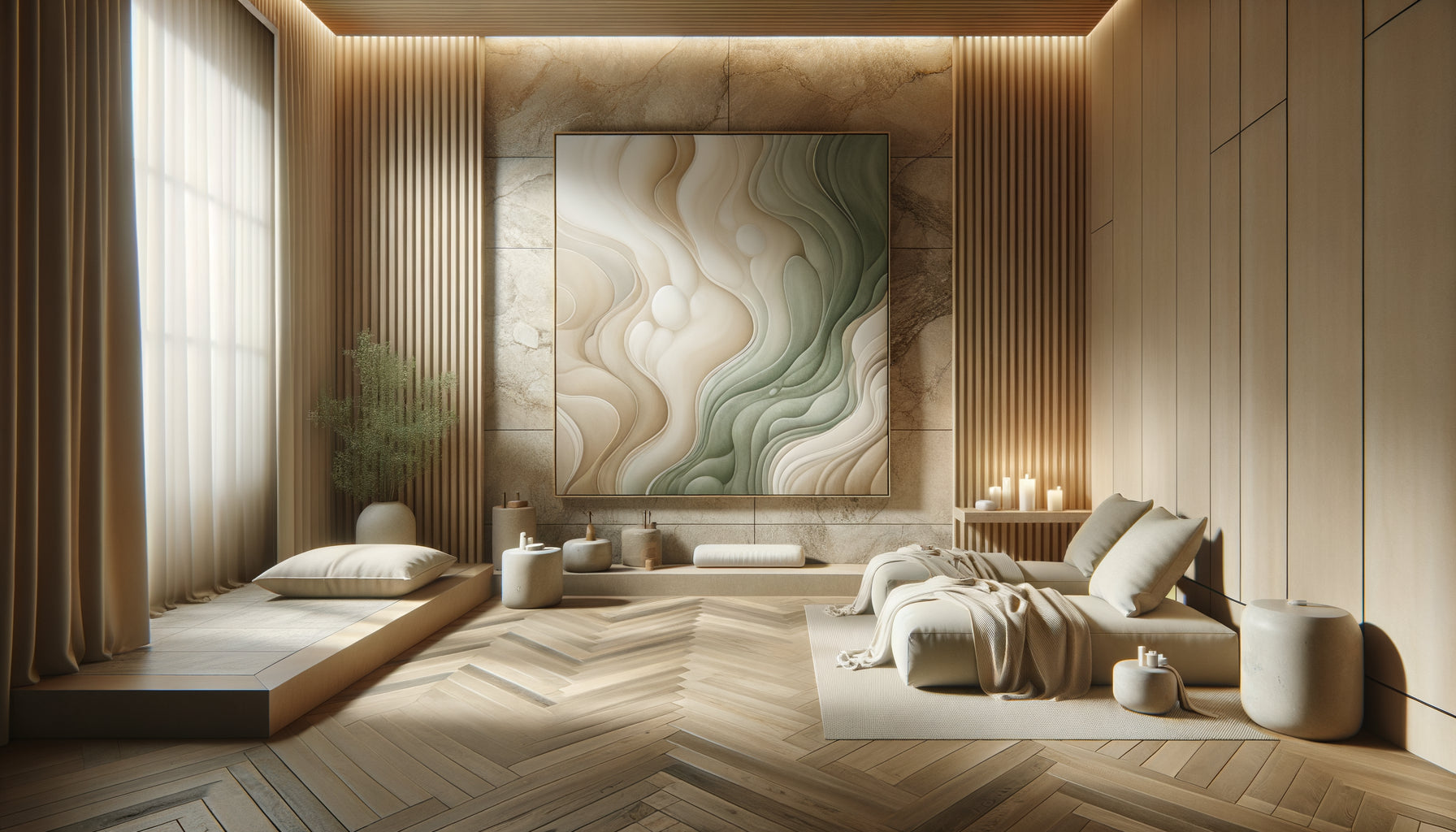 Intérieur de spa contemporain avec tableau abstrait aux tons naturels harmonisé avec l'identité visuelle zen de l'espace bien-être