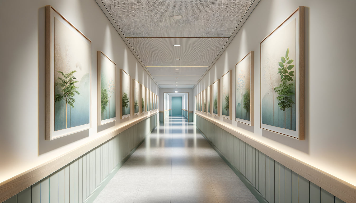 Couloir de cabinet médical avec tableaux harmonisés à hauteur uniforme et espacement régulier, ambiance apaisante contemporaine
