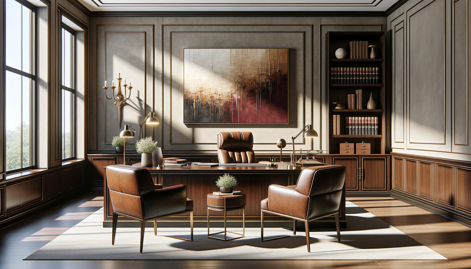 Bureau professionnel avec mobilier en bois et tableau mural harmonisé par texture, couleur et ligne