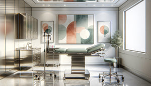 Salle médicale moderne avec mobilier en inox et tableau abstrait aux tons chauds créant une harmonie apaisante
