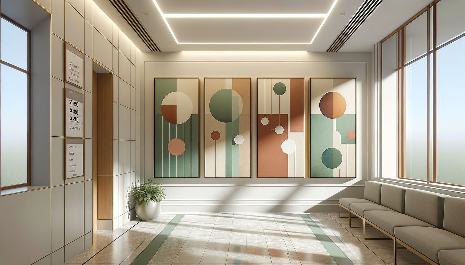 Couloir thérapeutique moderne avec trois tableaux abstraits harmonisés selon une palette chromatique apaisante vert sauge et terracotta