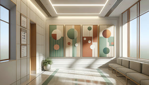 Couloir thérapeutique moderne avec trois tableaux abstraits harmonisés selon une palette chromatique apaisante vert sauge et terracotta